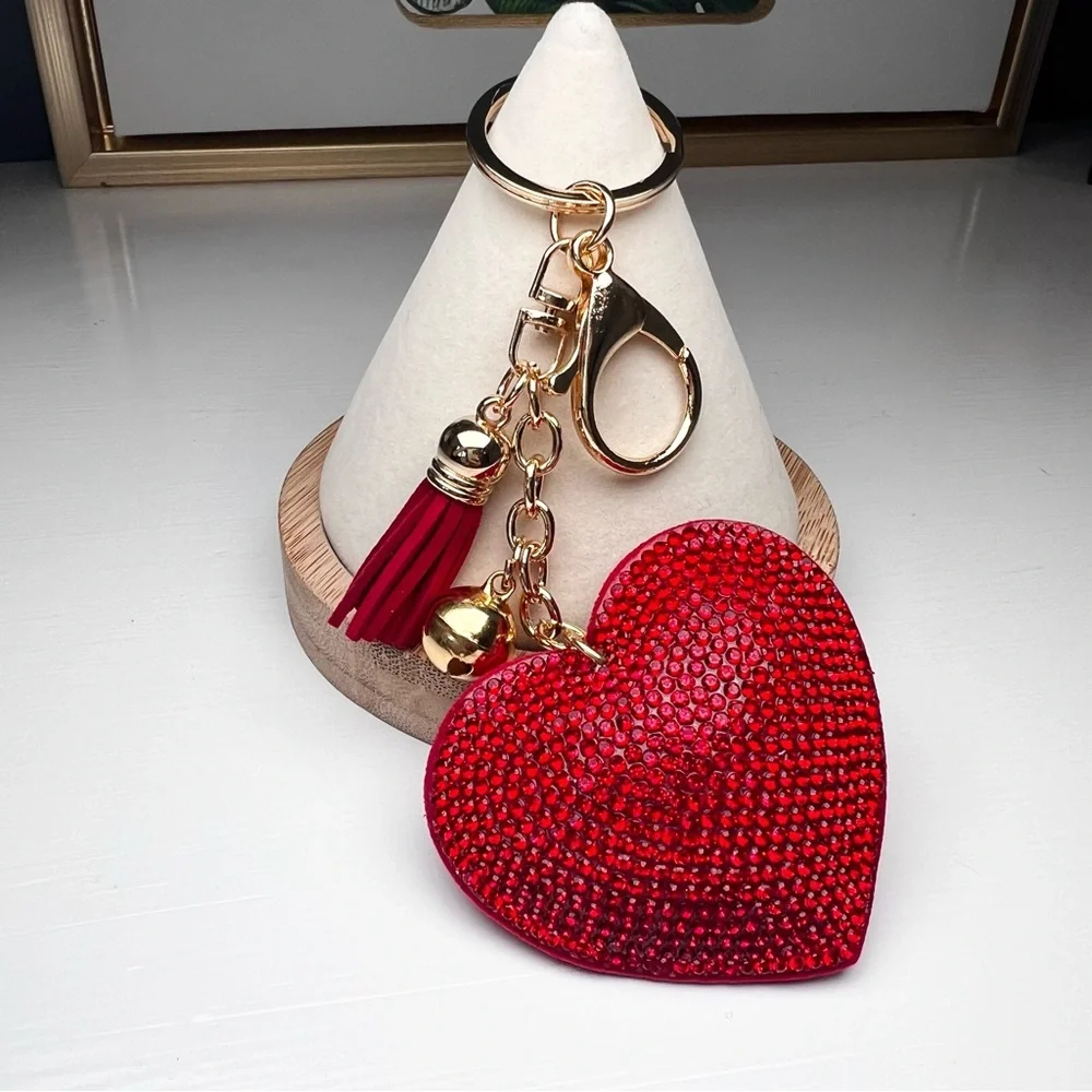 Red Heart Keychain with Gold Accents Tassel Bell Whimsical Glam Romantic - Picture 2 of 4